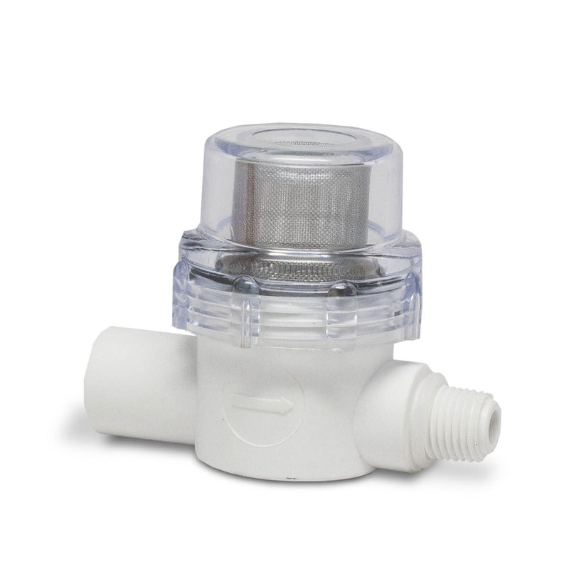 Mini CT Sediment Pre-Filter, clear bowl with stainless mesh screen on white body with threaded outlet