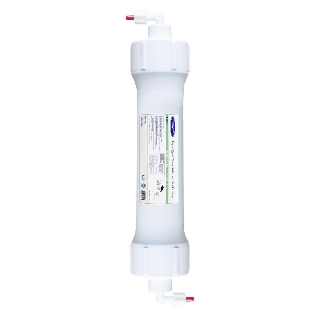 Nitrate Removal Inline Filter RO Cartridge, white inline housing with light green label