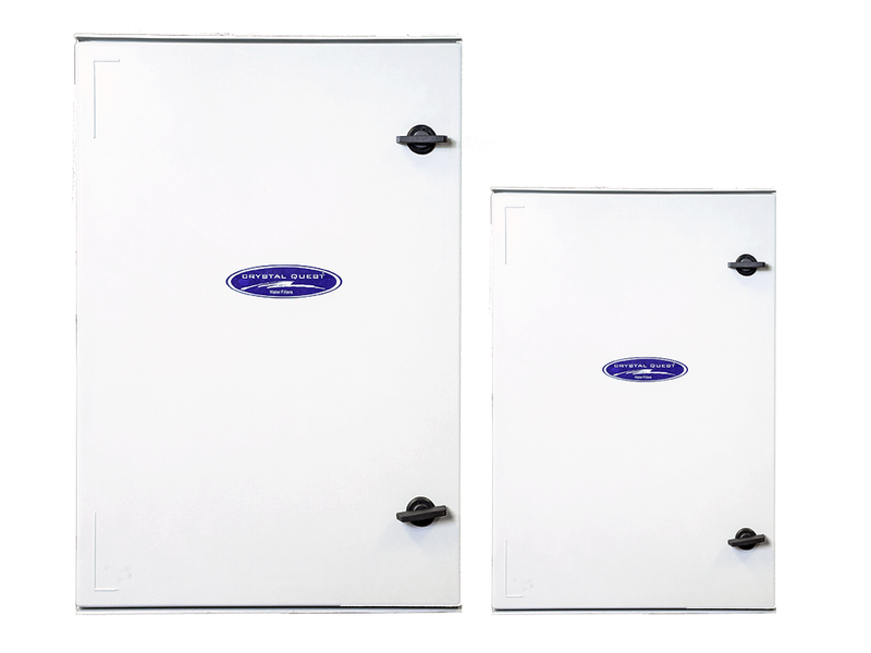 Quest Micro-Blaster Disinfection Enclosure, large and small white cabinet sizes side by side, doors closed