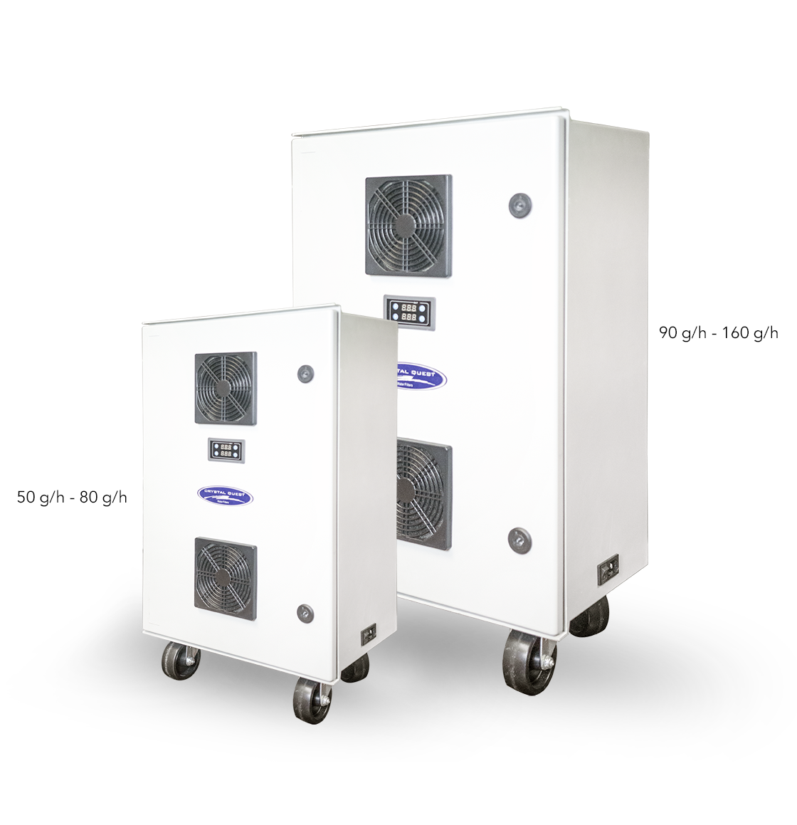 Quest Micro-Blaster Industrial Ozone System, two wheeled cabinet sizes labeled 50 to 80 g/h and 90 to 160 g/h