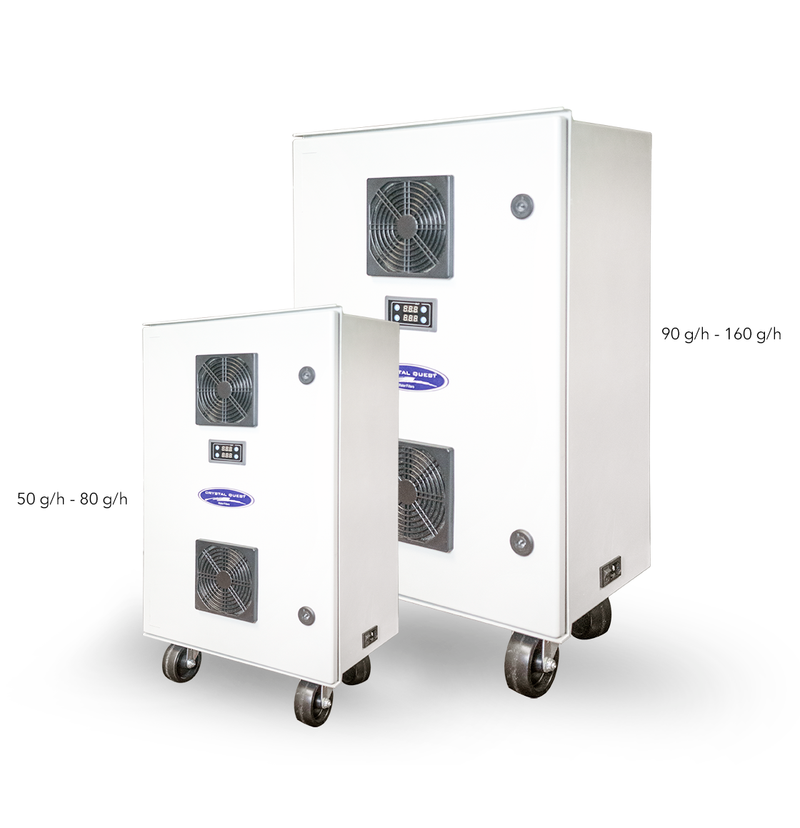 Quest Micro-Blaster Industrial Ozone System, two wheeled cabinet sizes labeled 50 to 80 g/h and 90 to 160 g/h