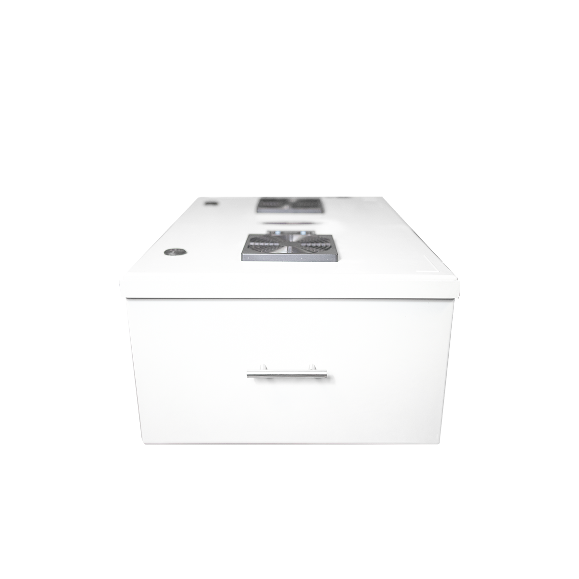 Quest Micro-Blaster Industrial Ozone System, white cabinet with front handle and two top fans, side view