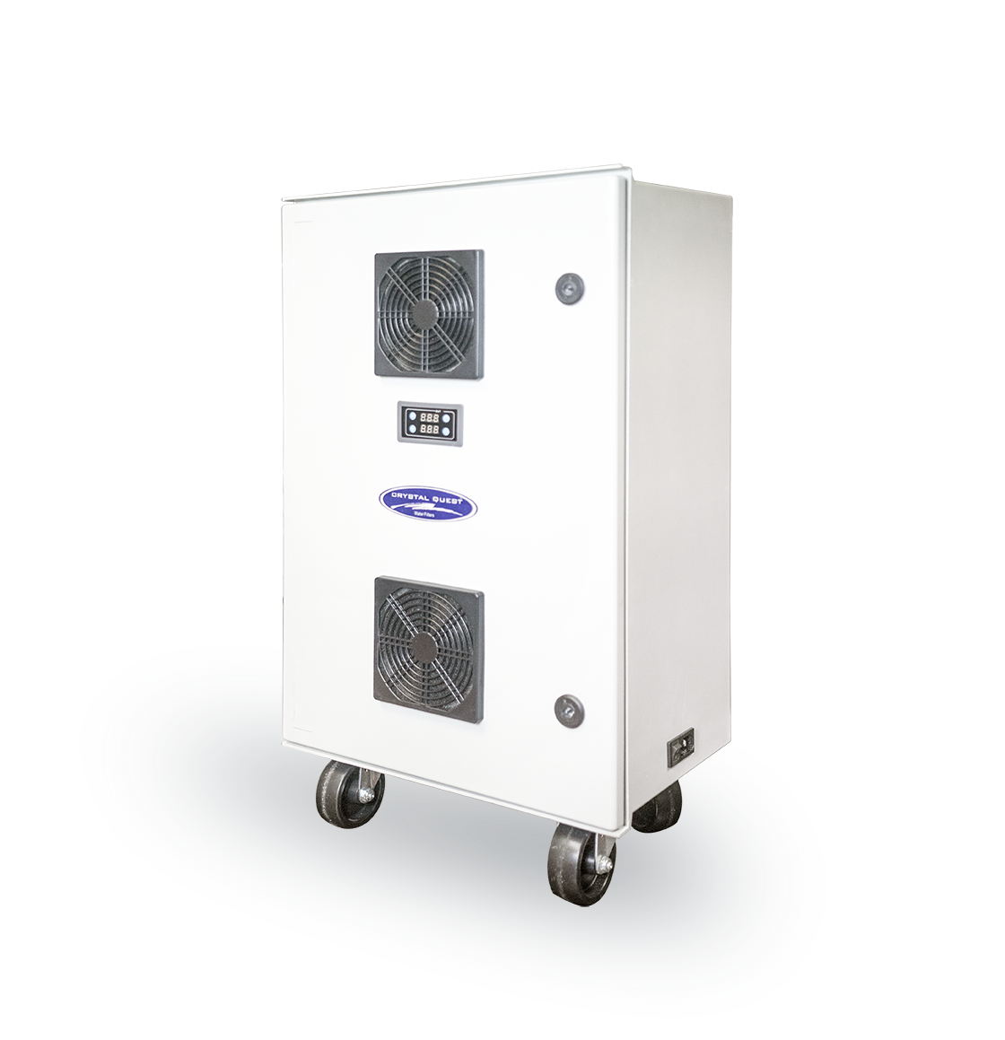 Quest Micro-Blaster Industrial Ozone System, white wheeled cabinet with two fans and digital timer, angled view