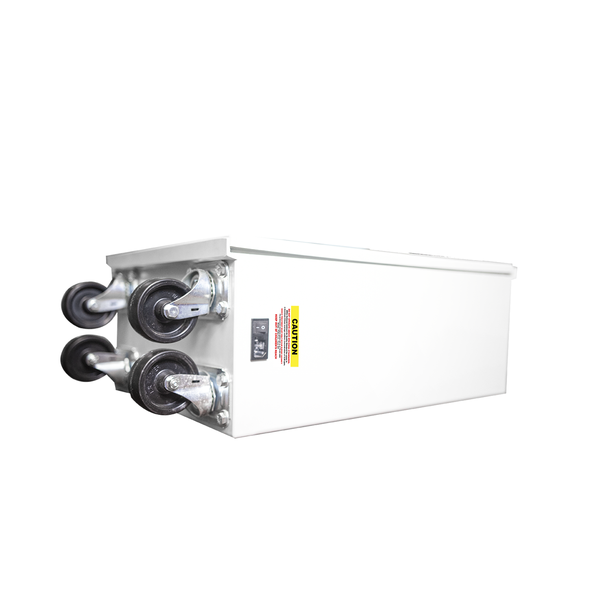 Quest Micro-Blaster Industrial Ozone System on its side, base view of four caster wheels, power switch and caution label