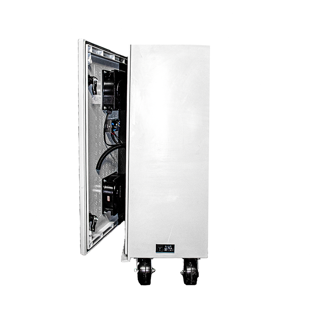 Quest Micro-Blaster Industrial Ozone System, side view with front door open showing internal fans and wiring