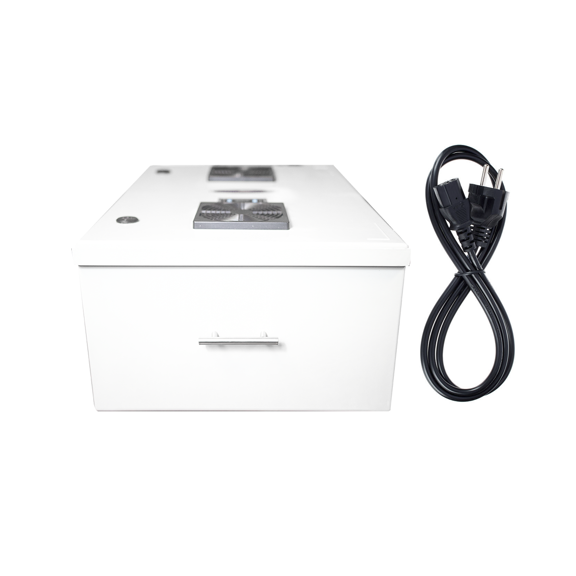 Quest Micro-Blaster Industrial Ozone System, white cabinet with handle and top fans, shown beside its power cord