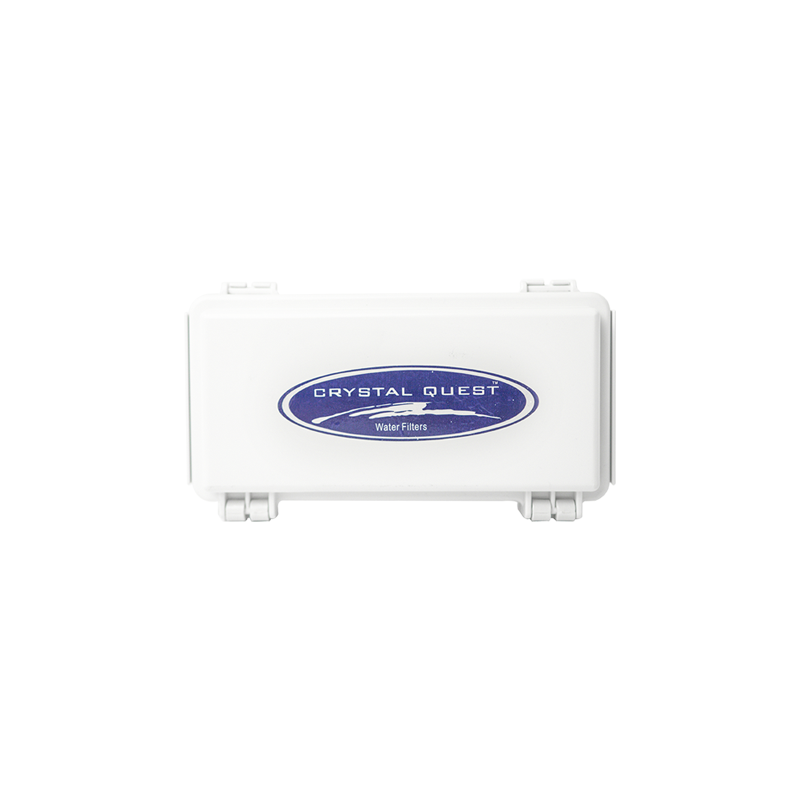Quest Micro-Blaster Ozone Disinfection Box for Personal Items, closed white case with Crystal Quest logo