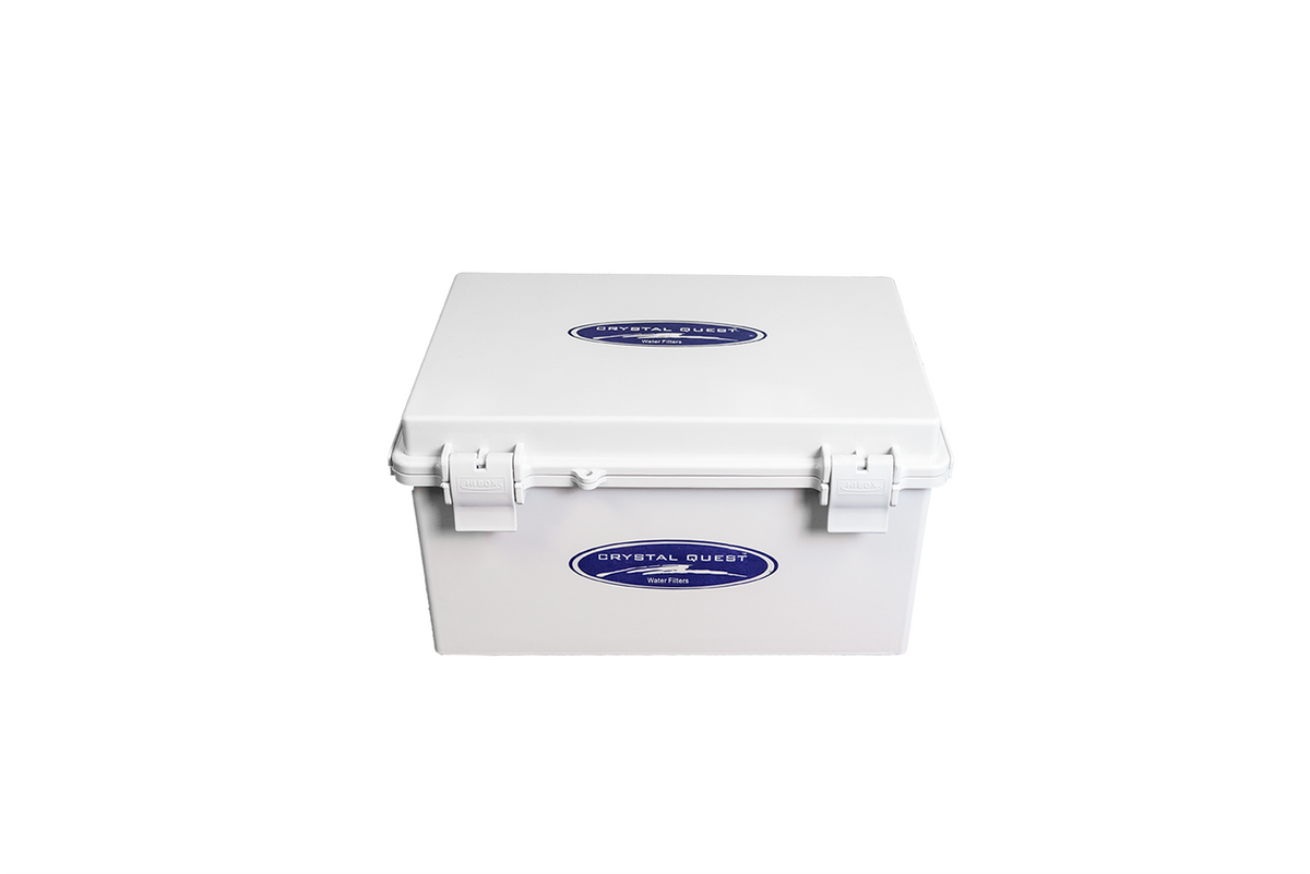 Quest Micro-Blaster Ozone Disinfection Box, white latched case with Crystal Quest logo, closed front view