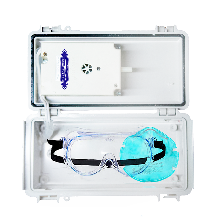 Quest Micro-Blaster Ozone Disinfection Box open, ozone module in lid with safety goggles and face mask inside