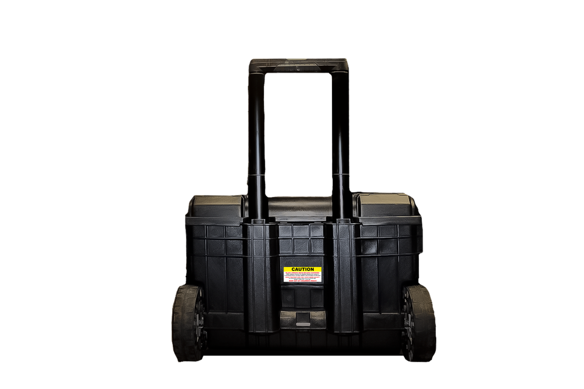 Quest Micro-Blaster Rover Portable Ozone Generator, black rolling case with wheels, pull handle and caution label
