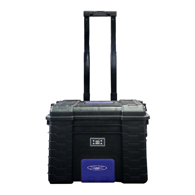 Quest Micro-Blaster Rover Portable Ozone Generator, black rolling case with extended handle and timer display, front view