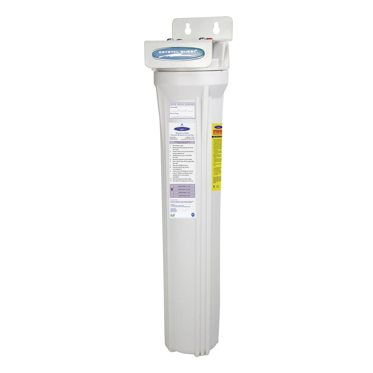 Mini Whole House Water Filter, Fluoride Removal, single tall white housing with wall bracket