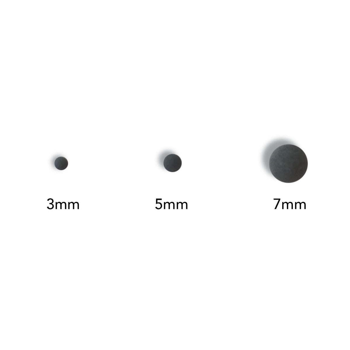 Tourmaline Balls size comparison chart, dark grey 3 mm, 5 mm and 7 mm balls side by side