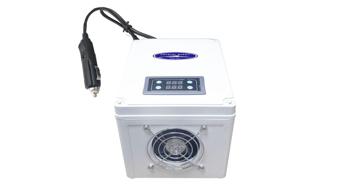 Quest Micro-Blaster Transportation Ozone Generator, angled view of white unit with timer, front fan and car plug