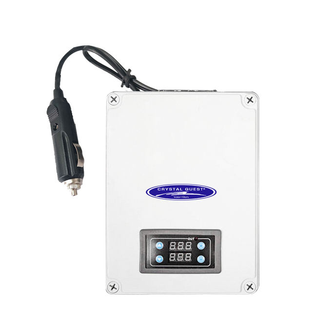 Quest Micro-Blaster Transportation Ozone Generator, white unit with digital timer and car power plug, front view