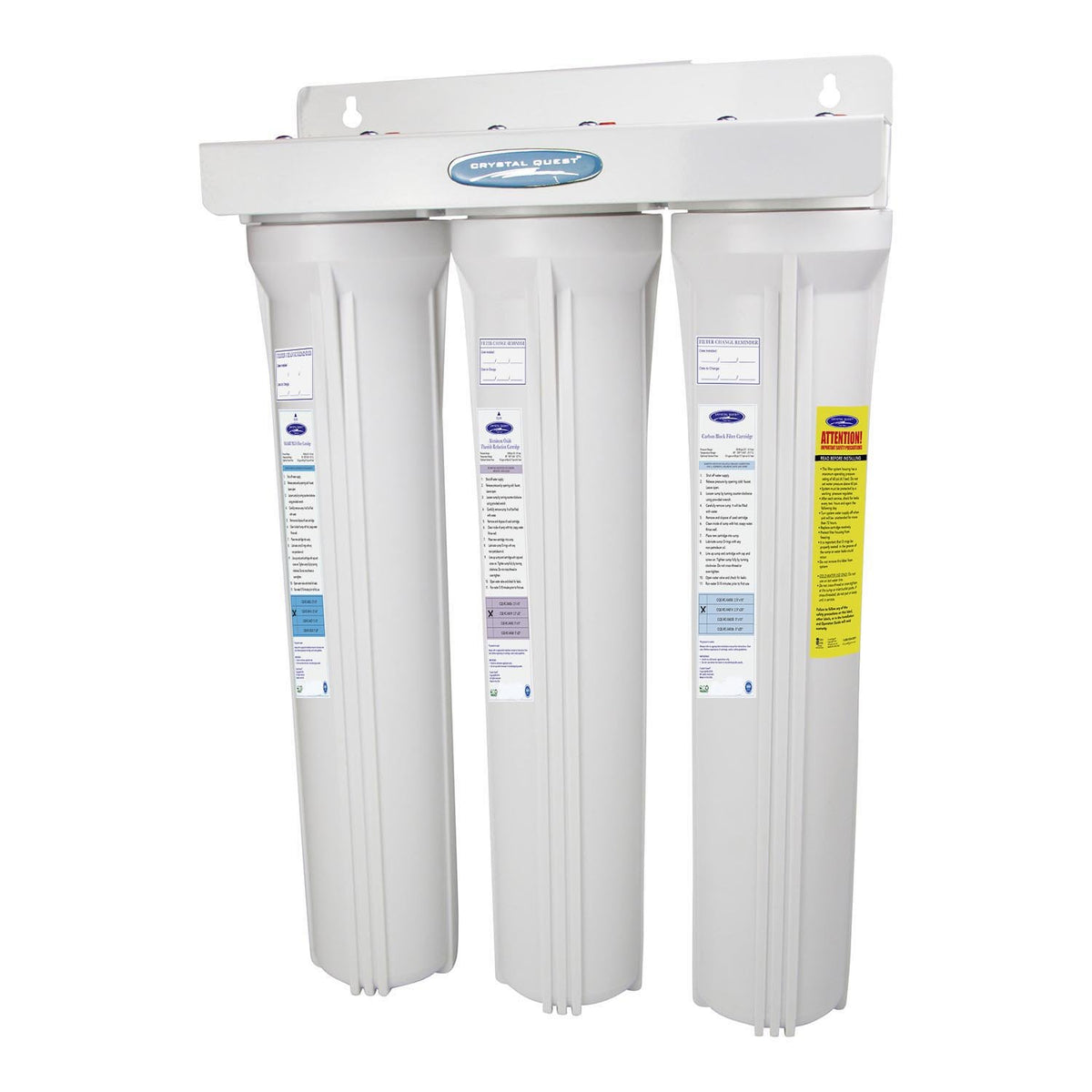 Mini Whole House Water Filter, Fluoride Removal, triple white housings on wall bracket, angled view
