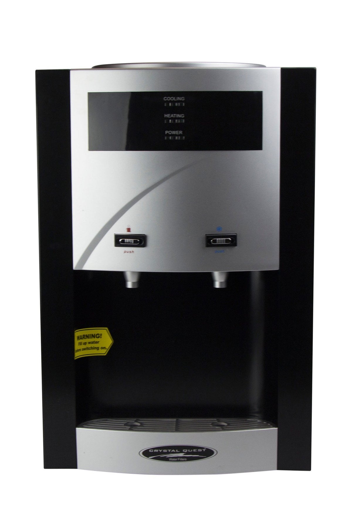 TURBO Countertop Bottleless Water Cooler, black and silver, front view with hot and cold push taps