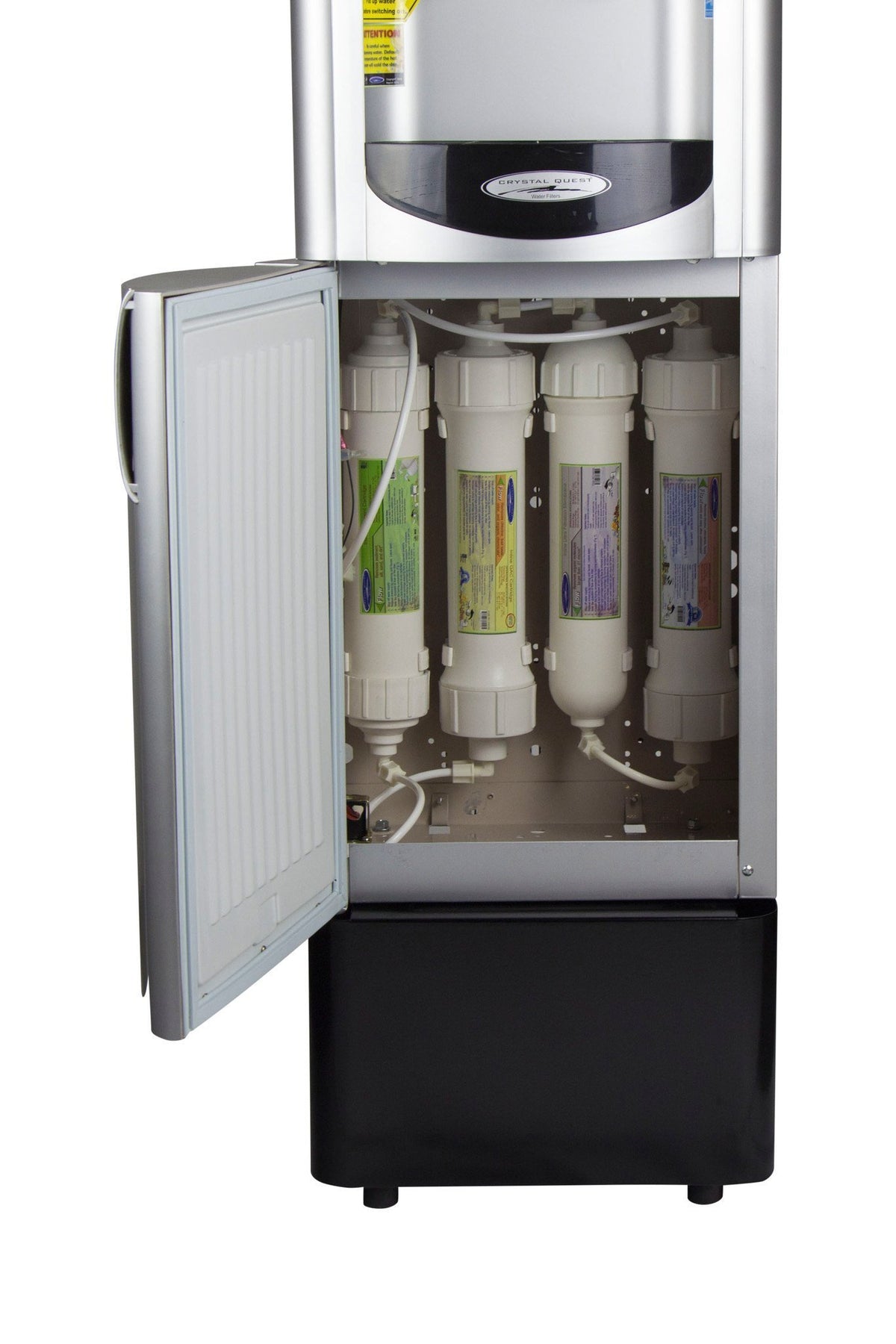 Silver bottleless water cooler on a black base, cabinet door open showing four filter cartridges inside