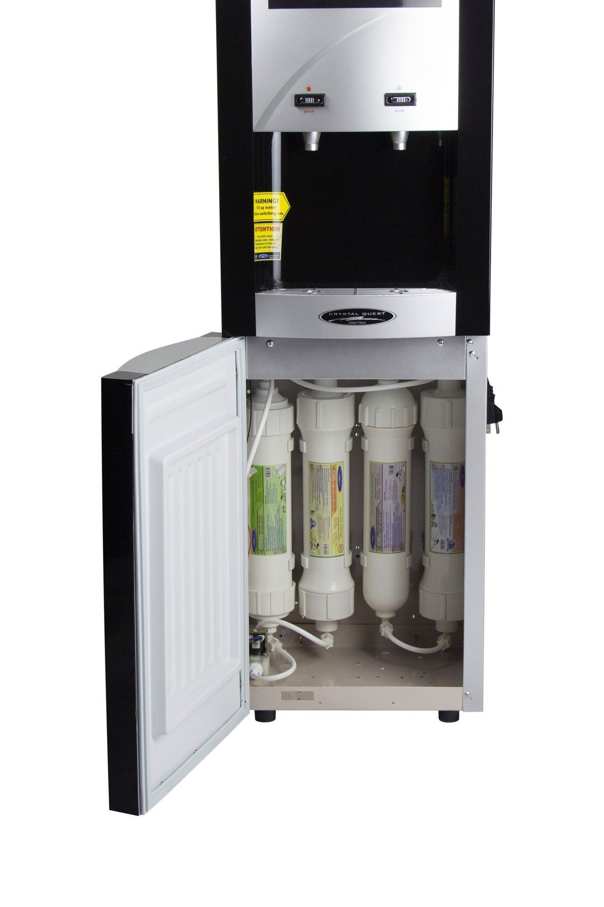 TURBO Ultrafiltration Bottleless Water Cooler with cabinet door open, showing four filter cartridges inside