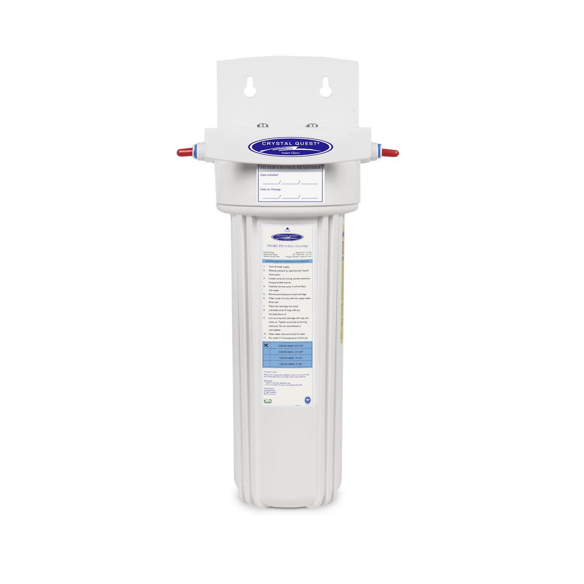 Inline water filter, white housing on a wall bracket with a SMART PLUS Filter Cartridge label