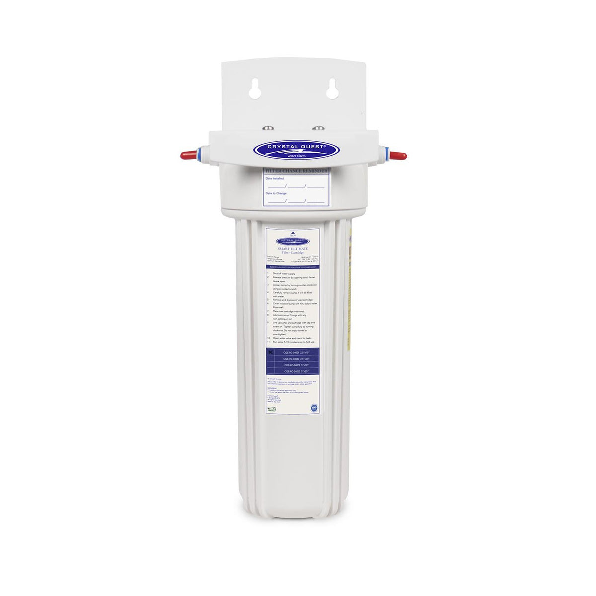 Inline water filter, white housing on a wall bracket with a SMART ULTIMATE Filter Cartridge label