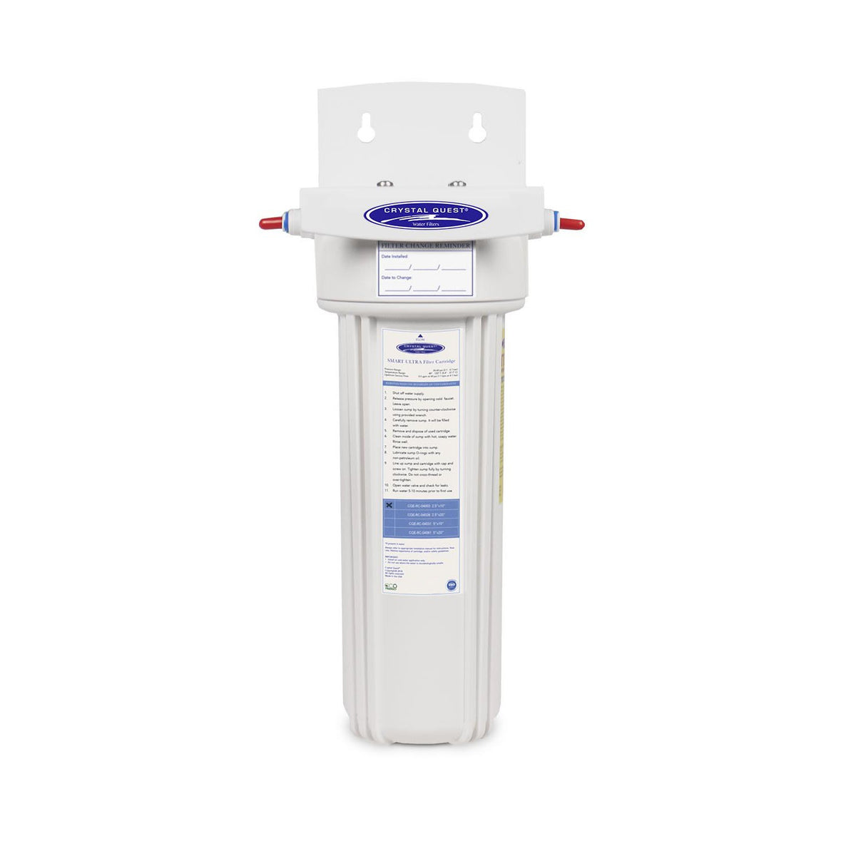 Inline water filter, white housing on a wall bracket with a SMART ULTRA Filter Cartridge label