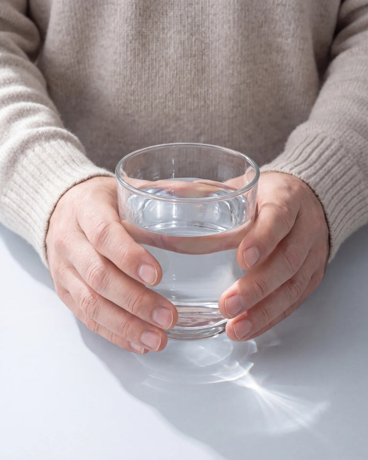 Hands holding a clear glass of water