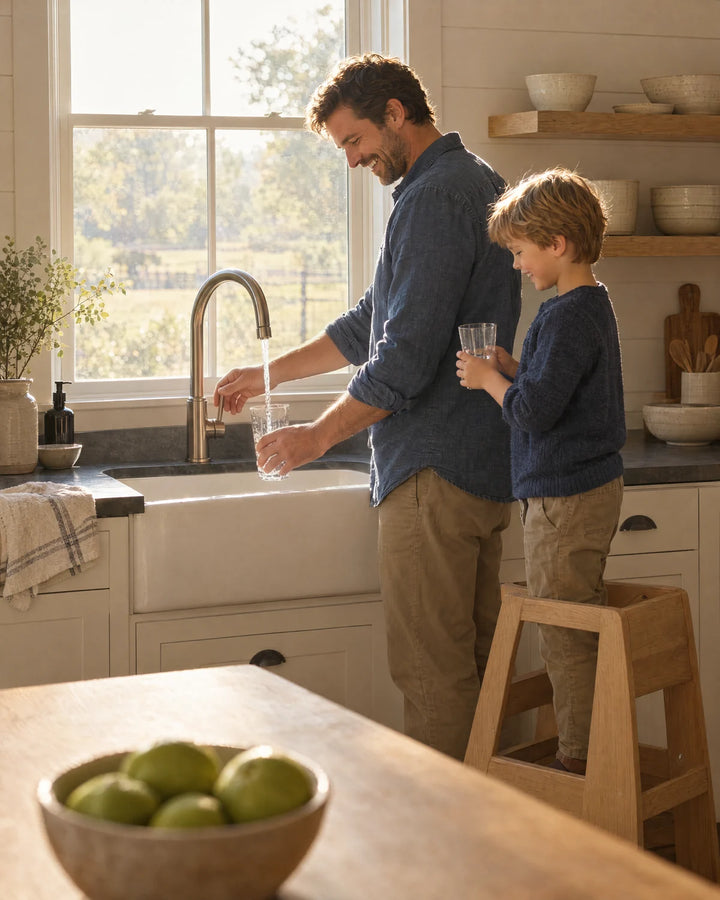 A father and son filling glasses of water at a farmhouse kitchen sink