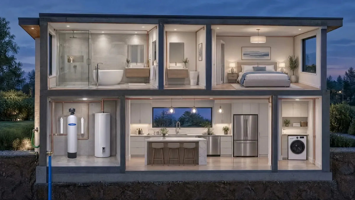 Illustrative cutaway of a two story home at dusk, with a Crystal Quest whole house system where the main line comes in