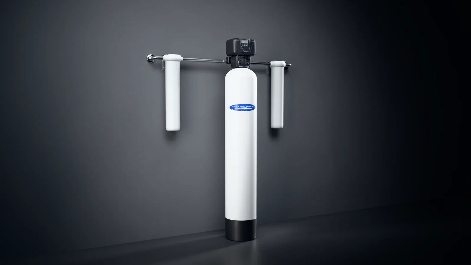 Illustration of a whole house system with a sediment prefilter, main media tank and carbon block.