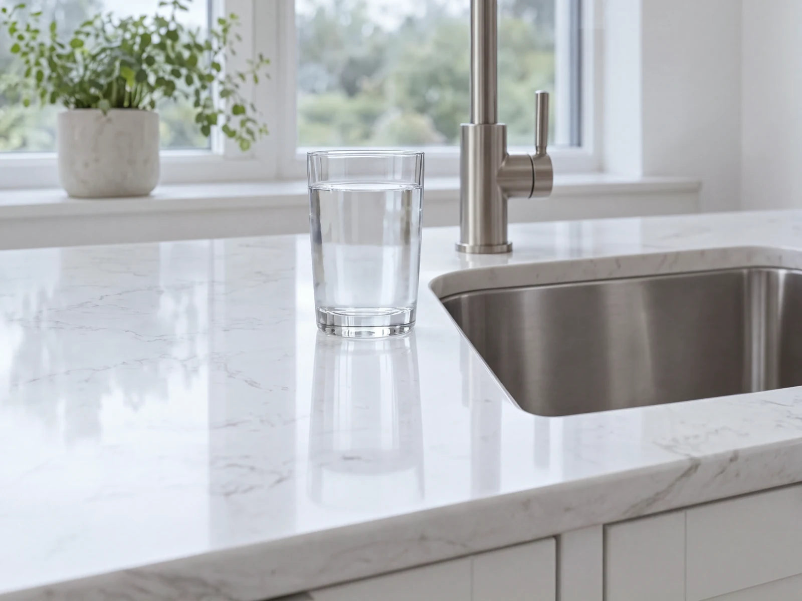 A glass of water on a marble kitchen counter
