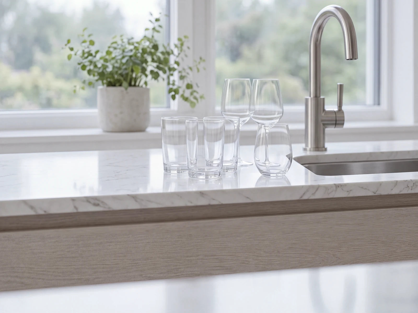 Spotless clear glasses beside a kitchen faucet
