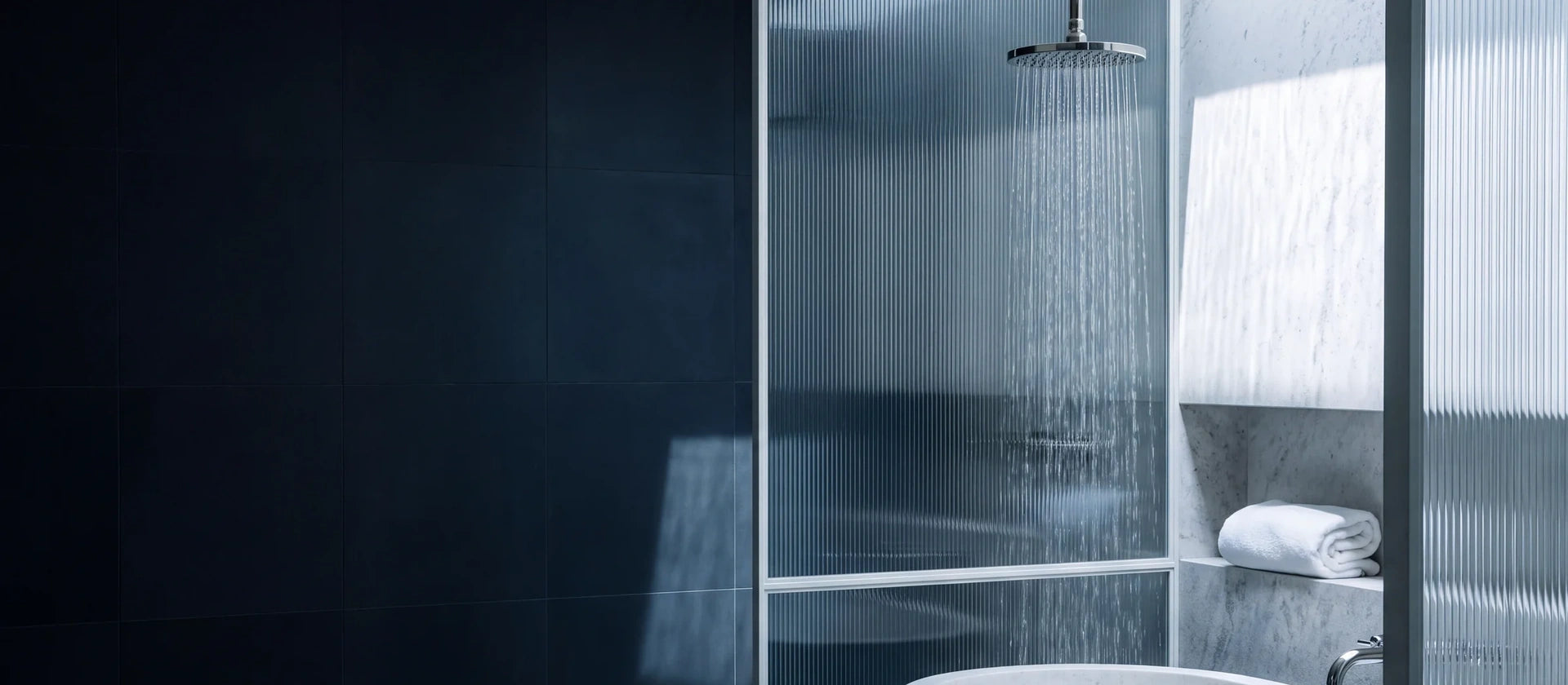 A rain shower and a freestanding tub in a calm, modern bathroom