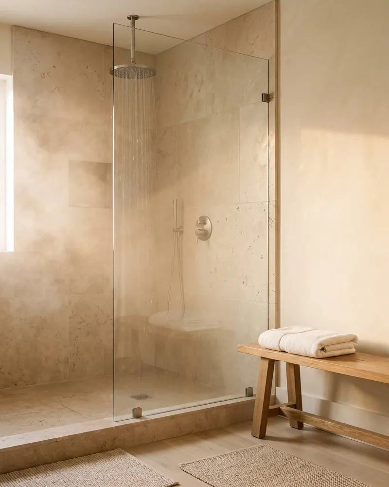 Sunlight across a contemporary shower and folded towels, illustrative scene