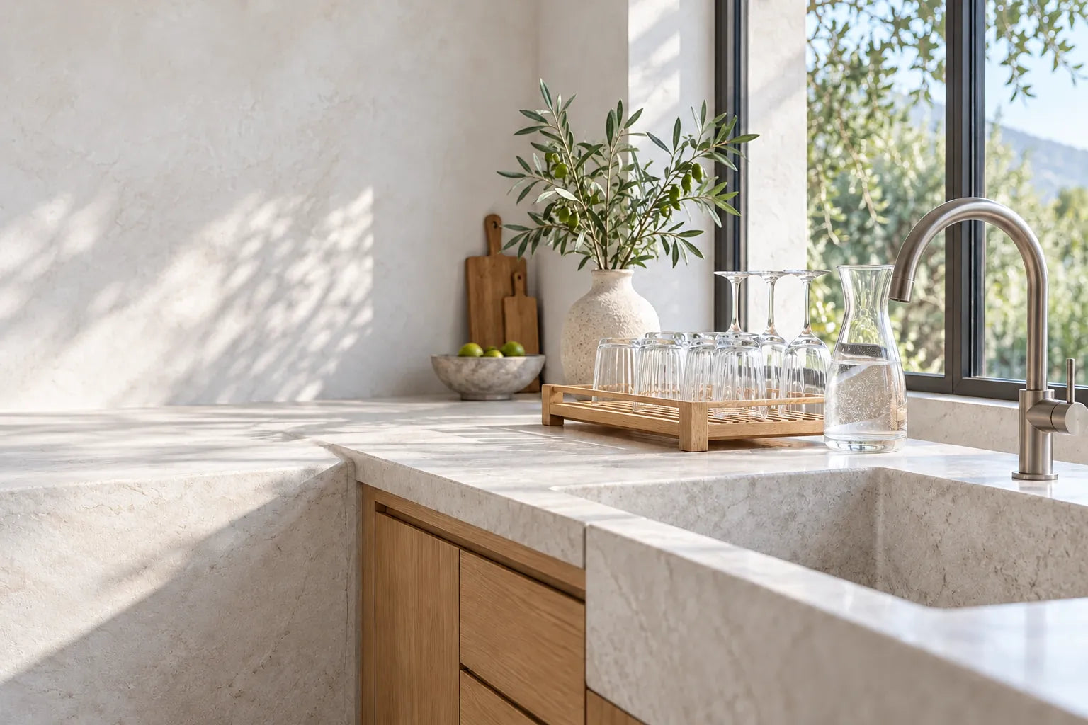 Illustration of a kitchen counter with reduced hard water mineral spots