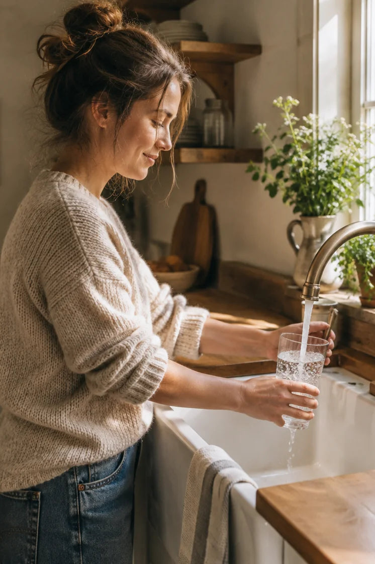 A woman filling a glass with water at her kitchen tap