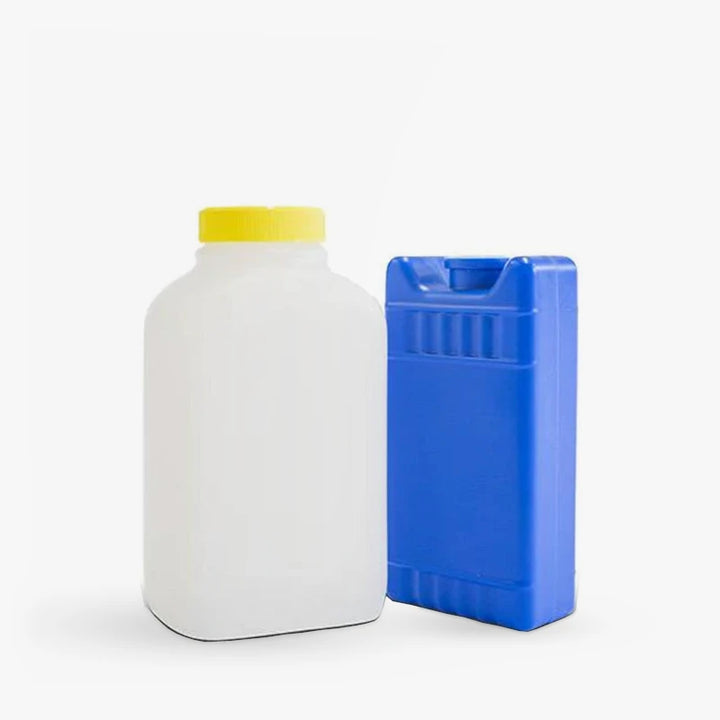 The sample bottle and cold pack from a Crystal Quest water test kit